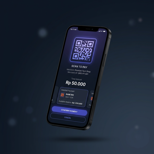 Preview aplikasi QRIS-EDC menampilkan fitur kasir QRIS dinamis offline untuk UMKM